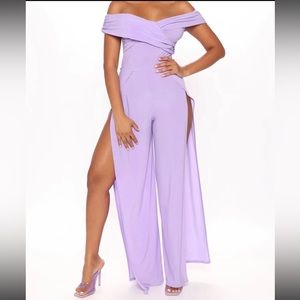 NET lavender off the shoulder jumpsuit